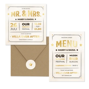 Moderne trouwset ticket vintage stijl met goud